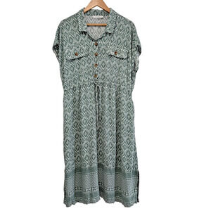 Lucky Brand Short Sleeve Midi Shirt Dress Sz 1X Pockets Rayon Green Garden Party